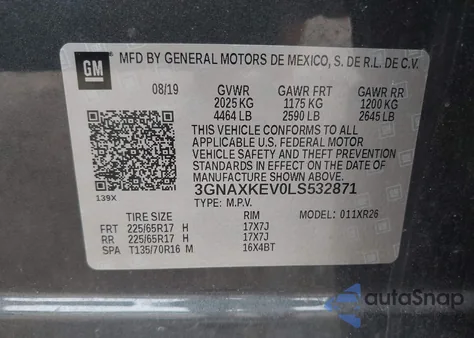 2020 Chevrolet Equinox Fwd Lt 1.5L Turbo из США, поврежденный, VIN 3GNAXKEV0LS532871